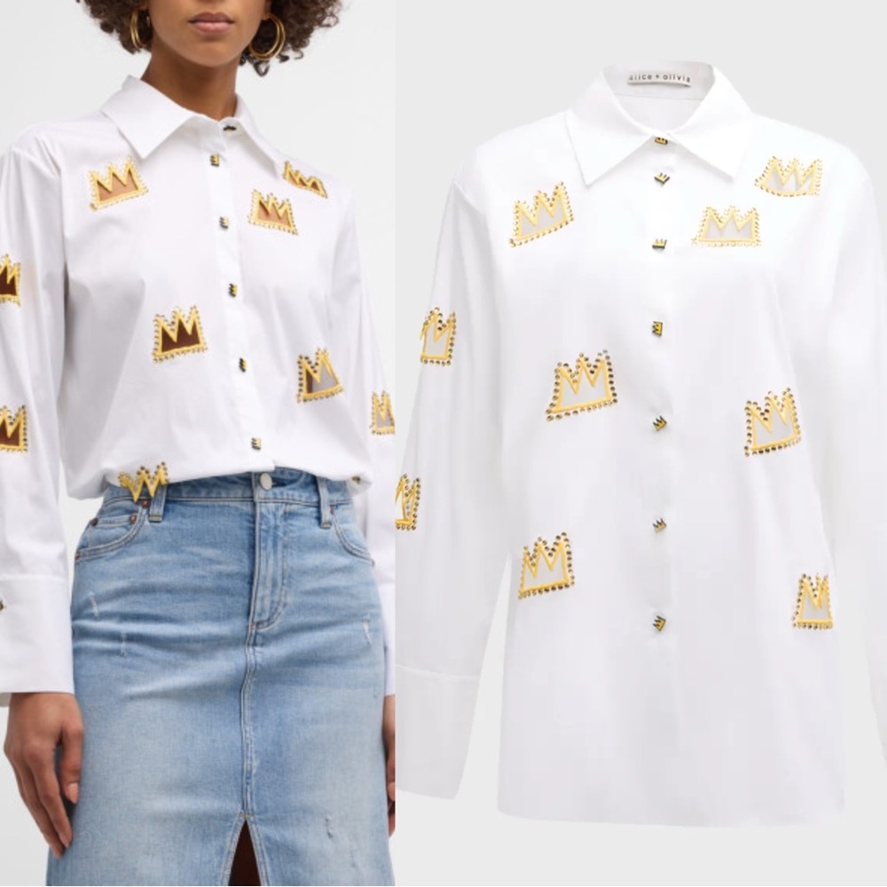 Alice +Olivia X BASQUIAT Finely Embellished Cutout Button Down Size Small
